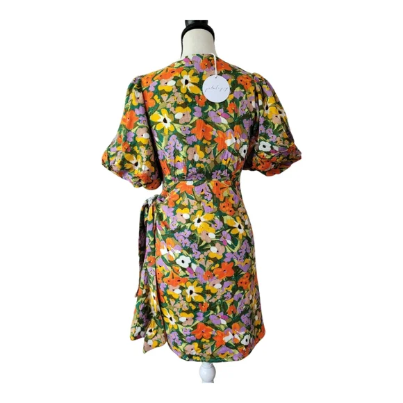 Petal & Pup Flourish Puff Sleeve Mini Wrap Dress Size XS New - Picture 2 of 8